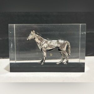 Vtg. Lucite Encased Silver Tone Horse Paperweight